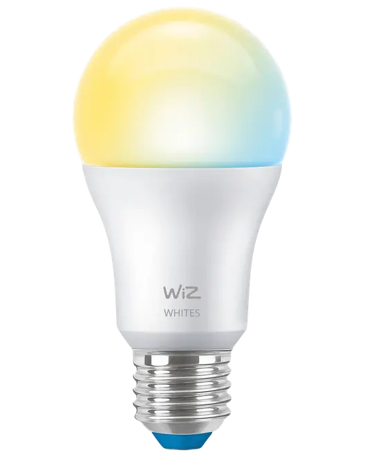WiZ smart LED-pære med justerbar hvid farvetemperatur, standard A19-form, E27 fatning, mat finish, velegnet til smart home belysningsstyring.