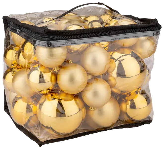 Gennemsigtig lynlåspose fyldt med blanke og matte guldfarvede juleornamenter. Med bærehåndtag for nem transport. Perfekt til dekoration og opbevaring.