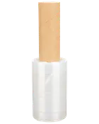 Klar plast strækfilm på rulle med brun papkerne, ideel til at sikre og samle varer under opbevaring eller forsendelse. Kompakt størrelse for nem håndtering.