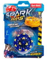 Blå og gul snurretop-legetøj i plastemballage. Med optræksmekanisme. Skaber rigtige gnister under rotation. Velegnet til børn, mærket som Toi-Toys Spark Tops.