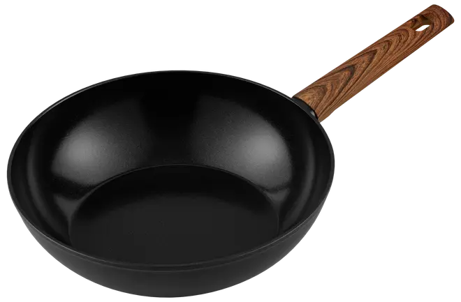 Sort non-stick stegepande med dyb, rund form og langt træhåndtag. Perfekt til stegning eller sautering. Glat indvendig overflade for nem rengøring.