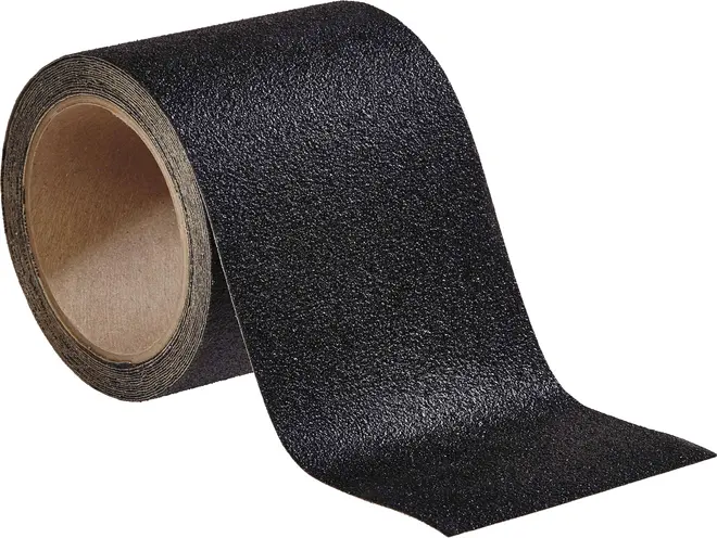 Rulle med sort skridsikkert tape med ru, tekstureret overflade. Giver ekstra greb på trapper, ramper eller gulve. Standard papkerne for nem udtrækning.