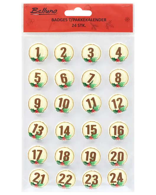 Ark med 24 runda julmärken, numrerade 1 till 24, med järneksdekoration längst ner, avsedda för advents- eller presentkalender.