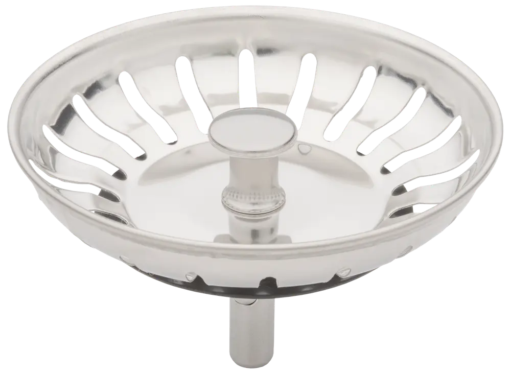 Vaskesi af rustfrit stål med slidsede huller, central knap for nem fjernelse og stang til montering i standard køkkenvaske. Holdbar og rustfri.