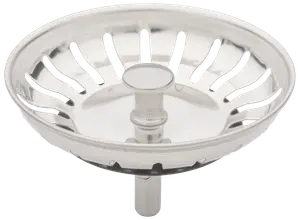 Vaskesi af rustfrit stål med slidsede huller, central knap for nem fjernelse og stang til montering i standard køkkenvaske. Holdbar og rustfri.