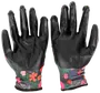 Svarta, texturerade trädgårdshandskar med färgglada blommiga muddar. Handskarna sitter tätt och ger bra grepp och skydd vid trädgårdsarbete eller utomhusbruk.