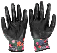 Svarta, texturerade trädgårdshandskar med färgglada blommiga muddar. Handskarna sitter tätt och ger bra grepp och skydd vid trädgårdsarbete eller utomhusbruk.