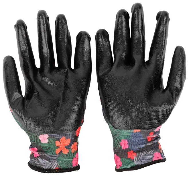 Svarta, texturerade trädgårdshandskar med färgglada blommiga muddar. Handskarna sitter tätt och ger bra grepp och skydd vid trädgårdsarbete eller utomhusbruk.