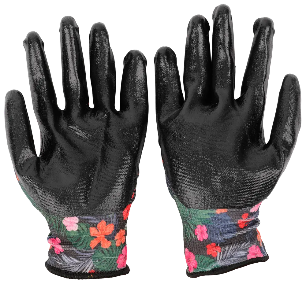 Svarta, texturerade trädgårdshandskar med färgglada blommiga muddar. Handskarna sitter tätt och ger bra grepp och skydd vid trädgårdsarbete eller utomhusbruk.