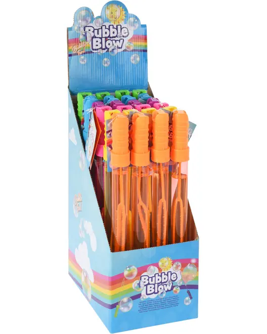 Displayboks med farverige sæbeboblepinde med orange håndtag og gennemsigtige rør. Perfekt til børns udendørs leg og fester. Hver pind har indbygget bobleblæser.