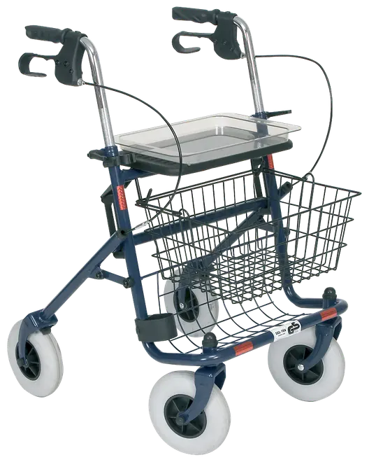 Firehjulet rollator med ergonomiske håndtag, håndbremser, trådkurv til opbevaring og aftagelig bakke. Robust metalstel og store hjul til både indendørs og udendørs brug.