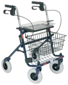 Firehjulet rollator med ergonomiske håndtag, håndbremser, trådkurv til opbevaring og aftagelig bakke. Robust metalstel og store hjul til både indendørs og udendørs brug.