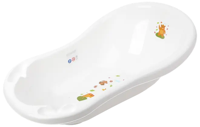 Vit plastbalja för bebis med mjuka former och färgglada djurmotiv inuti. Utformad för säkerhet och komfort, lätt att rengöra och med rundade kanter.