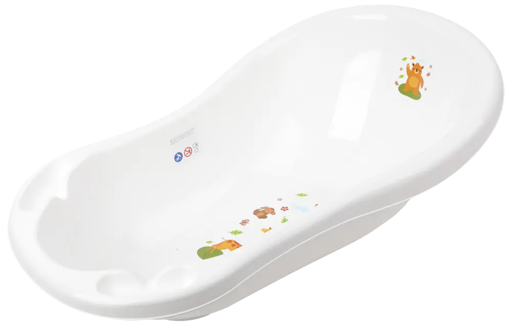 Vit plastbalja för bebis med mjuka former och färgglada djurmotiv inuti. Utformad för säkerhet och komfort, lätt att rengöra och med rundade kanter.