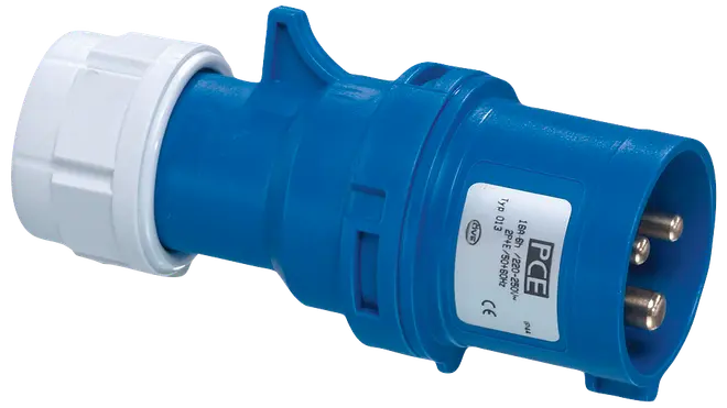 Blå industriel stikprop, 3-benet, 16A og 230V, med hvid låsekrave og robust plastkabinet, egnet til kraftige elektriske forbindelser.