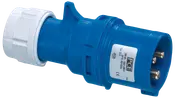 Blå industriell stickpropp, 3-polig, 16A och 230V, med vit låsring och hållbart plasthölje, lämplig för kraftiga elanslutningar.