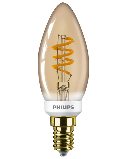 Philips stearinlyspæreformet LED-pære med klart ravfarvet glas, spiralfilament og guldfarvet skruefatning.