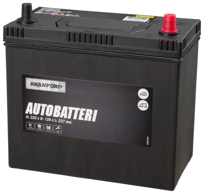 Sort Branford autobatteri med markerede poler, rektangulær form og mål 220 x 128 x 237 mm. Velegnet til biler og varevogne, tydelig produktmærkning foran.