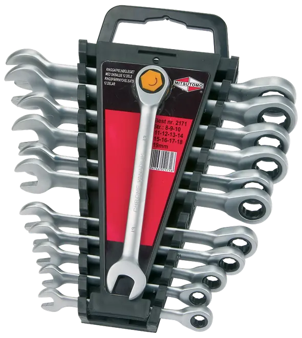 Set med 12 kombinationsnycklar i kromvanadium med öppen och spärrad ringände, organiserade i svart plasthållare, storlekar 8-19 mm, för mekaniska arbeten.