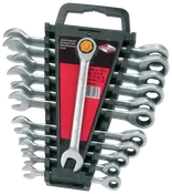 Sæt med 12 kombinationsskruenøgler i krom vanadium med åbent og skralde-ringhoved, organiseret i sort plast holder, størrelser 8-19 mm, til mekaniske opgaver.