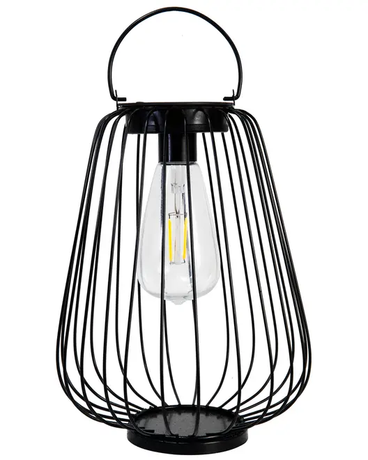 Sort metal lanterne med åbent trådbur-design, klar pære i midten og rundt håndtag øverst. Moderne industrielt look, egnet til indendørs eller udendørs brug.