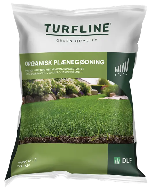 Turfline organisk gräsmattegödsel, räcker till 70 m², NPK 4-1-2. Innehåller mikronäringsämnen för långvarig effekt. Grön och vit förpackning med trädgårdsbild.