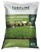 Turfline organisk gräsmattegödsel, räcker till 70 m², NPK 4-1-2. Innehåller mikronäringsämnen för långvarig effekt. Grön och vit förpackning med trädgårdsbild.