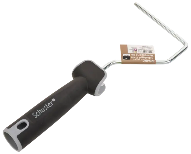 Svart och grått ergonomiskt handtag för målarroller med metallram, passar 15 cm rollers. Handtaget har upphängningshål och märket Schuster tryckt på sidan.