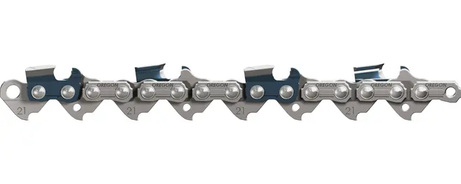 Kædesavskæde med skarpe, skiftevis skærende tænder og drivled. Fremstillet i holdbart metal, egnet til træskæring. Med Oregon-logo og designet til effektiv, glat skæring.