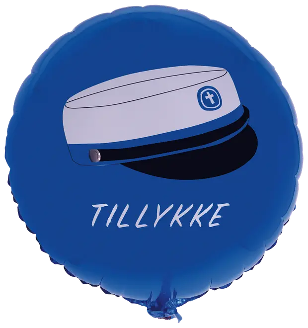 Rund blå ballon med illustration af en hvid studenterhue og teksten "TILLYKKE" i hvid, ideel til studenterfest eller fejring.