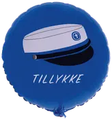 Rund blå ballon med illustration af en hvid studenterhue og teksten "TILLYKKE" i hvid, ideel til studenterfest eller fejring.