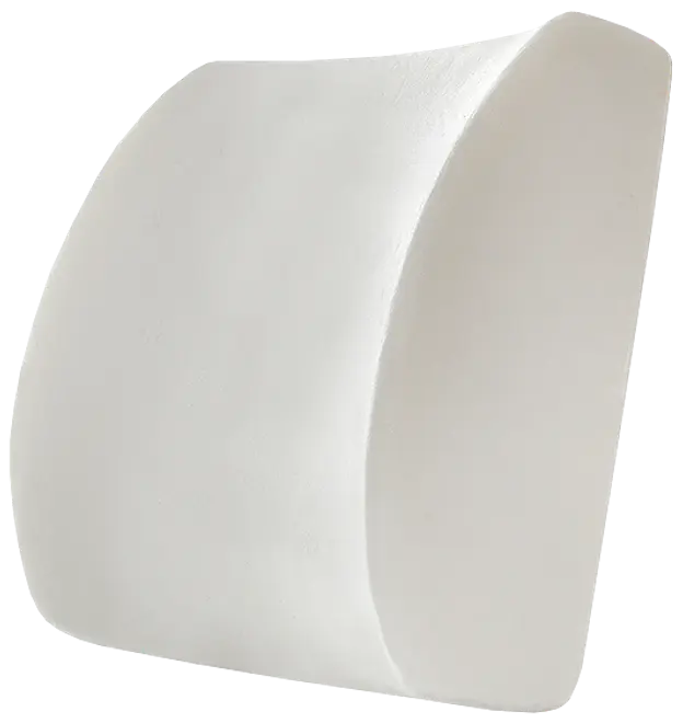 Hvid lændestøttepude med ergonomisk buet design, lavet af blødt memoryskum. Giver rygstøtte til kontorstole, bilsæder eller hjemmebrug. Aftageligt, vaskbart betræk medfølger.