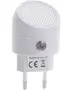 Vit nattlampa för vägguttag med rund, mönstrad LED-lins, inbyggd ljussensor och tvåpolig europeisk kontakt. Passar AC 230V, 50/60Hz, 1W effekt.