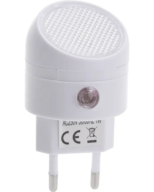 Vit nattlampa för vägguttag med rund, mönstrad LED-lins, inbyggd ljussensor och tvåpolig europeisk kontakt. Passar AC 230V, 50/60Hz, 1W effekt.