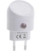 Vit nattlampa för vägguttag med rund, mönstrad LED-lins, inbyggd ljussensor och tvåpolig europeisk kontakt. Passar AC 230V, 50/60Hz, 1W effekt.