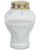 Gravlys i glas med hvidt voks, hjerteformet krop og gyldent metal låg med runde huller. Velegnet til mindesmærker og udendørs brug.