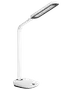 Moderne hvid LED-skrivebordslampe med justerbar arm og slankt, rektangulært lampehoved. Har touch-kontrol på basen. Elegant, minimalistisk design til kontor eller studie.
