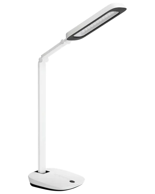 Moderne hvid LED-skrivebordslampe med justerbar arm og slankt, rektangulært lampehoved. Har touch-kontrol på basen. Elegant, minimalistisk design til kontor eller studie.