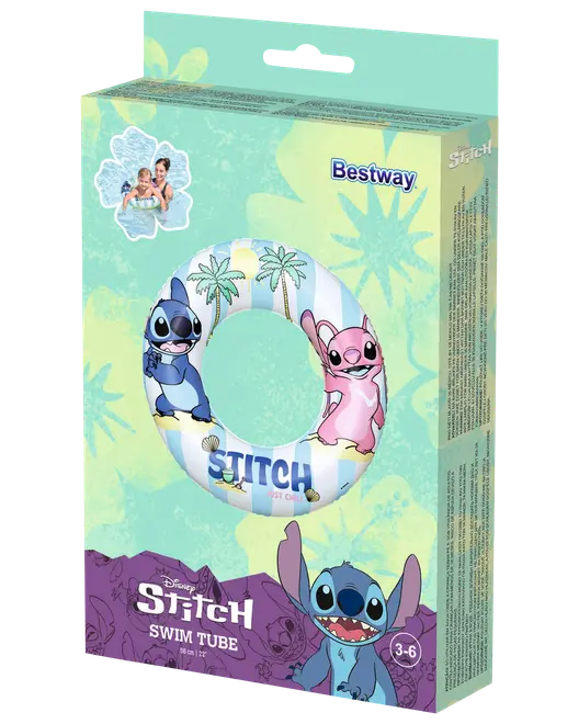 Disney Stitch svømmering til børn 3-6 år, med farverige Stitch og Angel figurer, tropisk palmedesign, lavet af holdbart materiale, velegnet til pool eller strand.