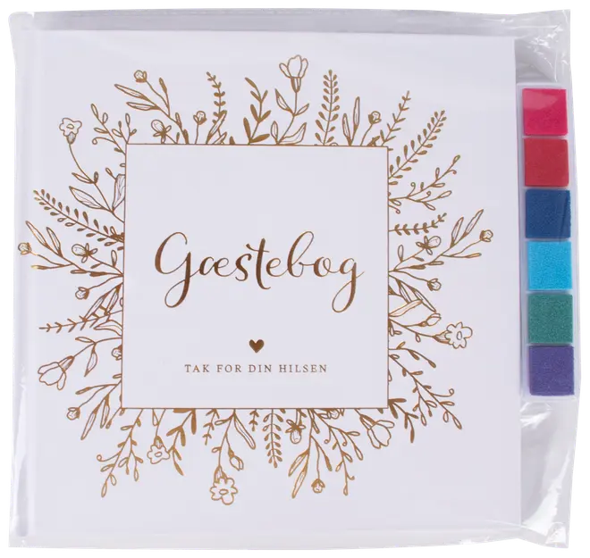 Hvid gæstebog med guldfarvet blomstermønster, seks farverige stempelpuder i siden. Dansk tekst på forsiden. Kvadratisk form, pakket i klar plastik.