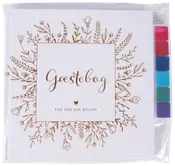 Hvid gæstebog med guldfarvet blomstermønster, seks farverige stempelpuder i siden. Dansk tekst på forsiden. Kvadratisk form, pakket i klar plastik.