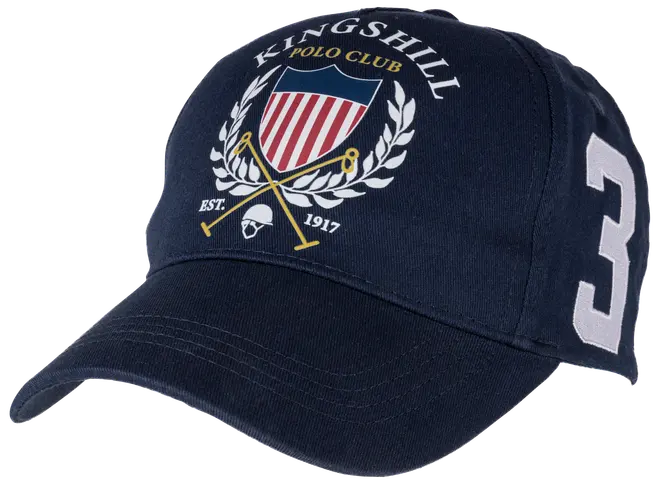 Mörkblå basebollkeps med broderad Kingshill Polo Club-emblem, korslagda poloklubbor, lagerkrans och siffran 3 på sidan. Böjd skärm och justerbar rem bak.