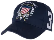 Mørkeblå baseballcap med broderet Kingshill Polo Club-logo, krydsede polokøller, laurbærkrans og tallet 3 på siden. Buet skygge og justerbar rem bagpå.