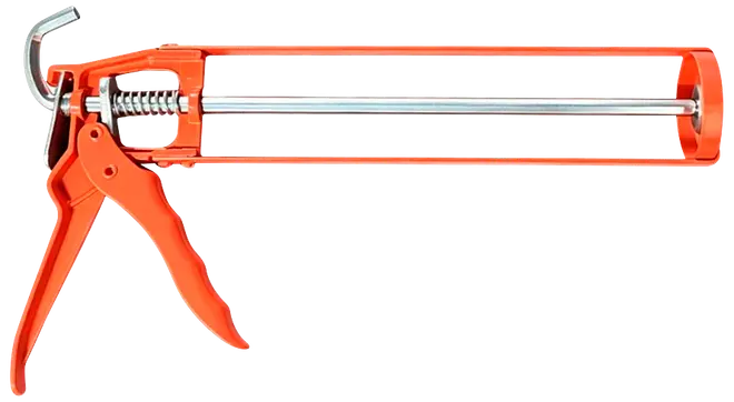 Orange metal fugepistol med pistolgreb, fjedermekanisme og lang stang til påføring af fugemasse eller lim.