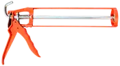 Orange metal fugepistol med pistolgreb, fjedermekanisme og lang stang til påføring af fugemasse eller lim.