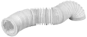 Hvid fleksibel bølgeformet ventilationsslange med ribbet struktur og buet form.