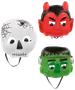 Set med tre Halloween-masker: vitt skelett, röd djävul och grönt Frankenstein-monster med svarta resårband.