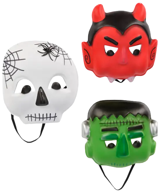 Set med tre Halloween-masker: vitt skelett, röd djävul och grönt Frankenstein-monster med svarta resårband.