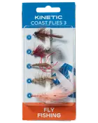 Pakke med fem forskellige Kinetic Coast Flies til fluefiskeri, med forskellige farver og fjer, hver med krog, designet til at tiltrække forskellige fiskearter i kystområder.