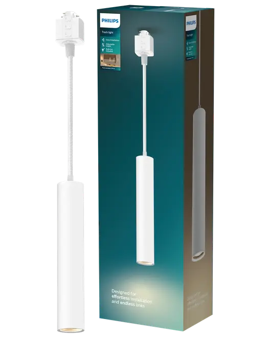 Philips skinnelys, cylindrisk hvid pendel, justerbar længde, moderne design, egnet til indendørs belysning, leveres i mærket emballage, nem installation, energieffektiv.